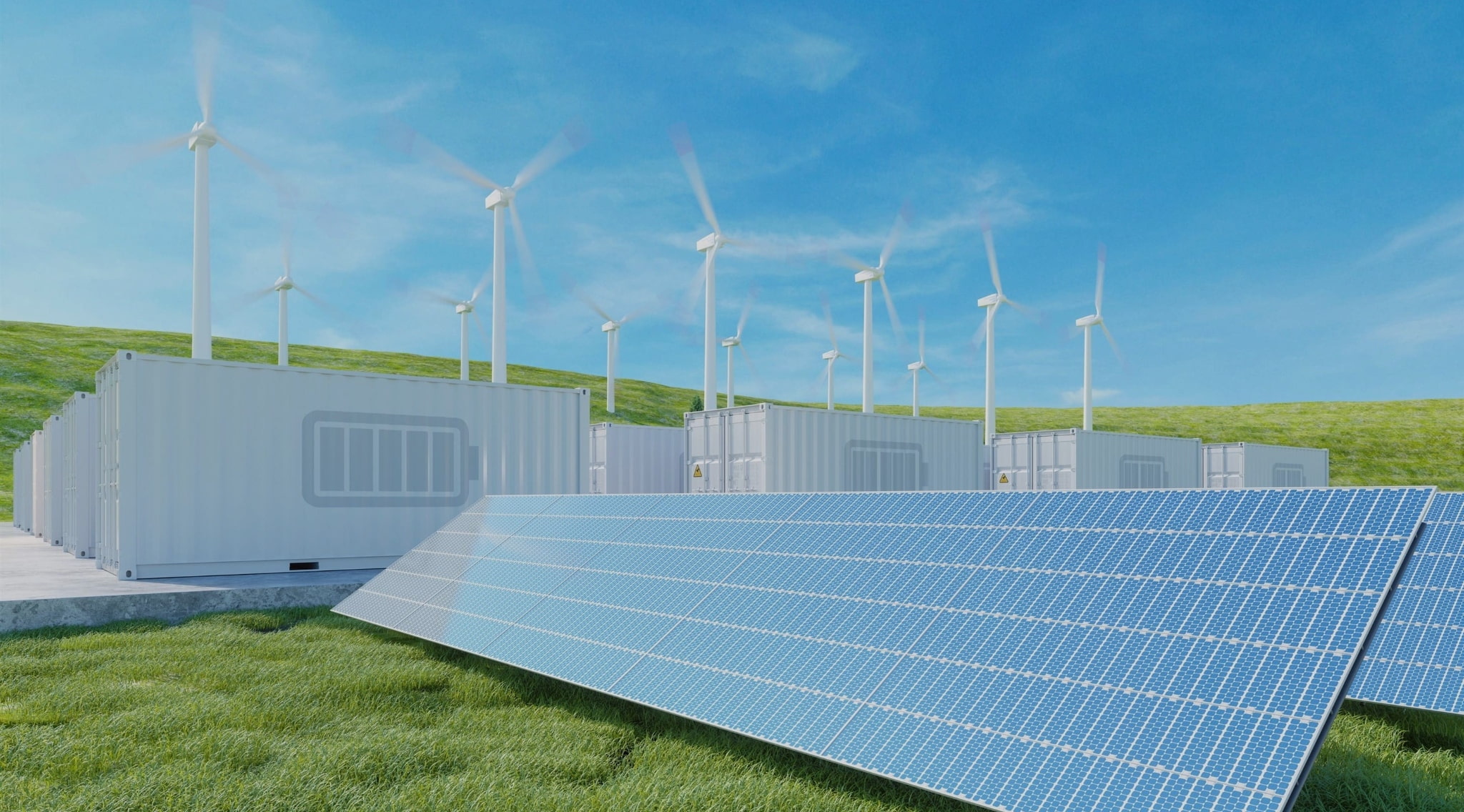 Solar panels, wind turbines and battery storages at the field